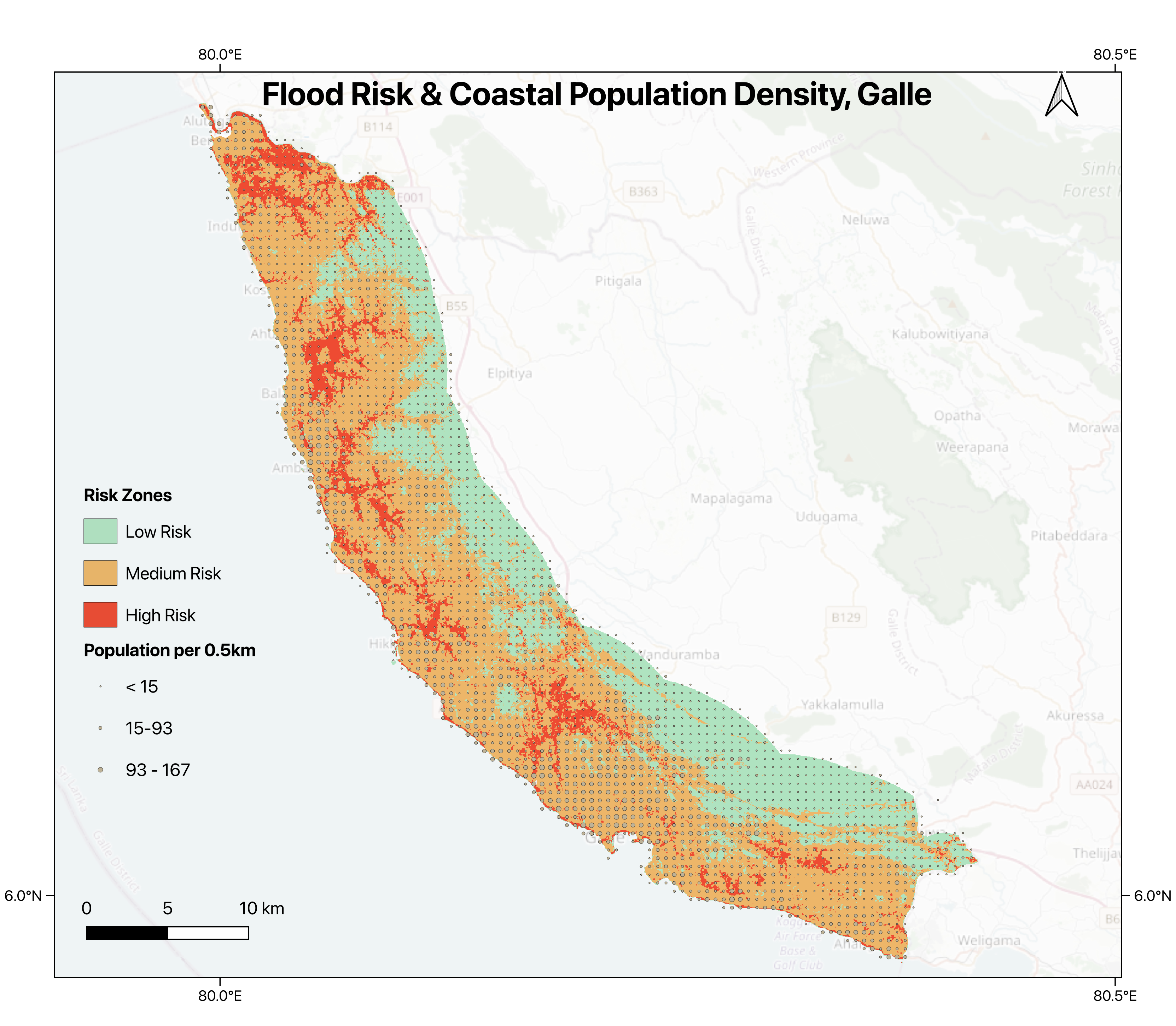 Flood risk and coastal population density in Galle