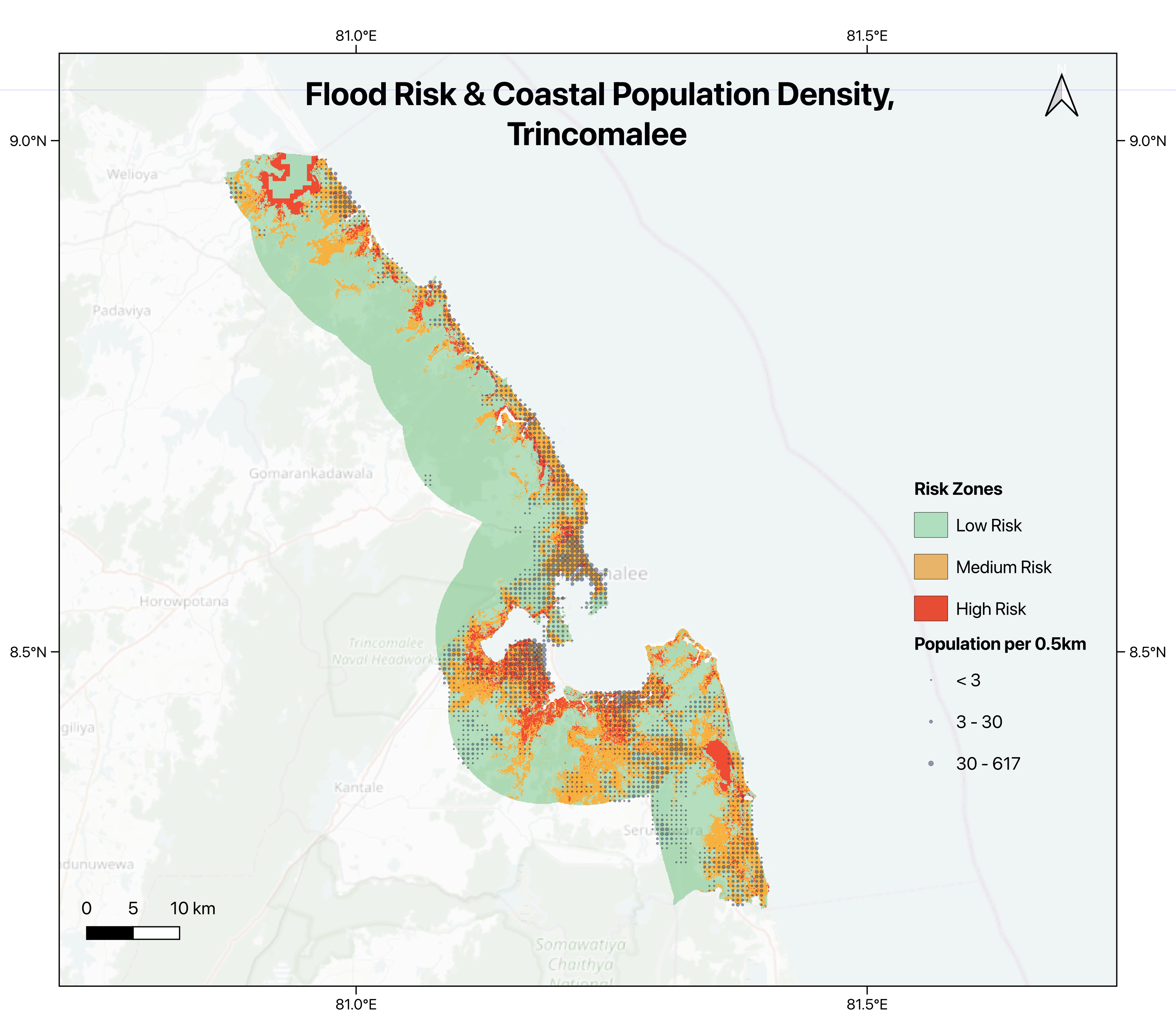 Flood risk and coastal population density in Trincomalee