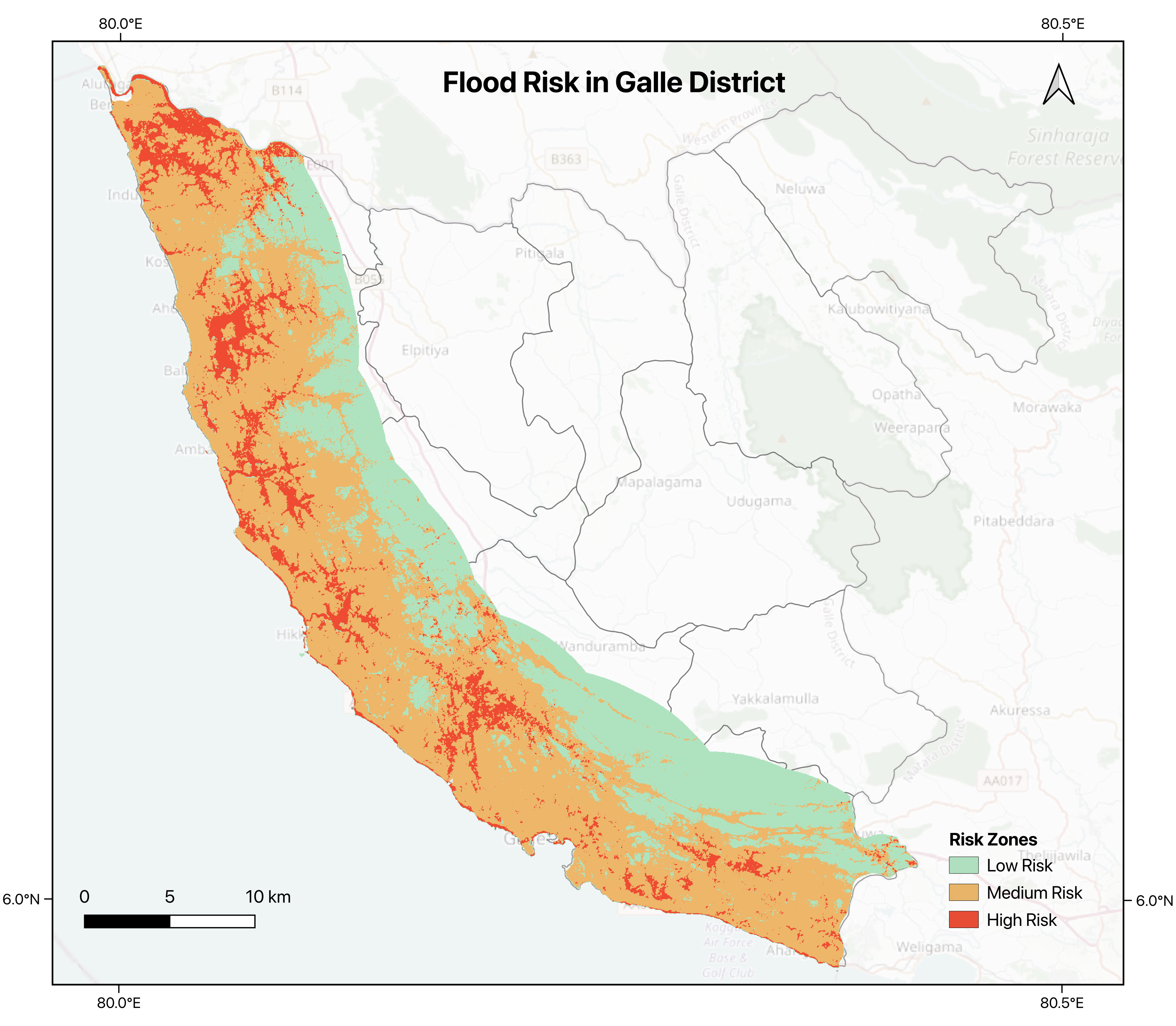 Flood risk zones in Galle District