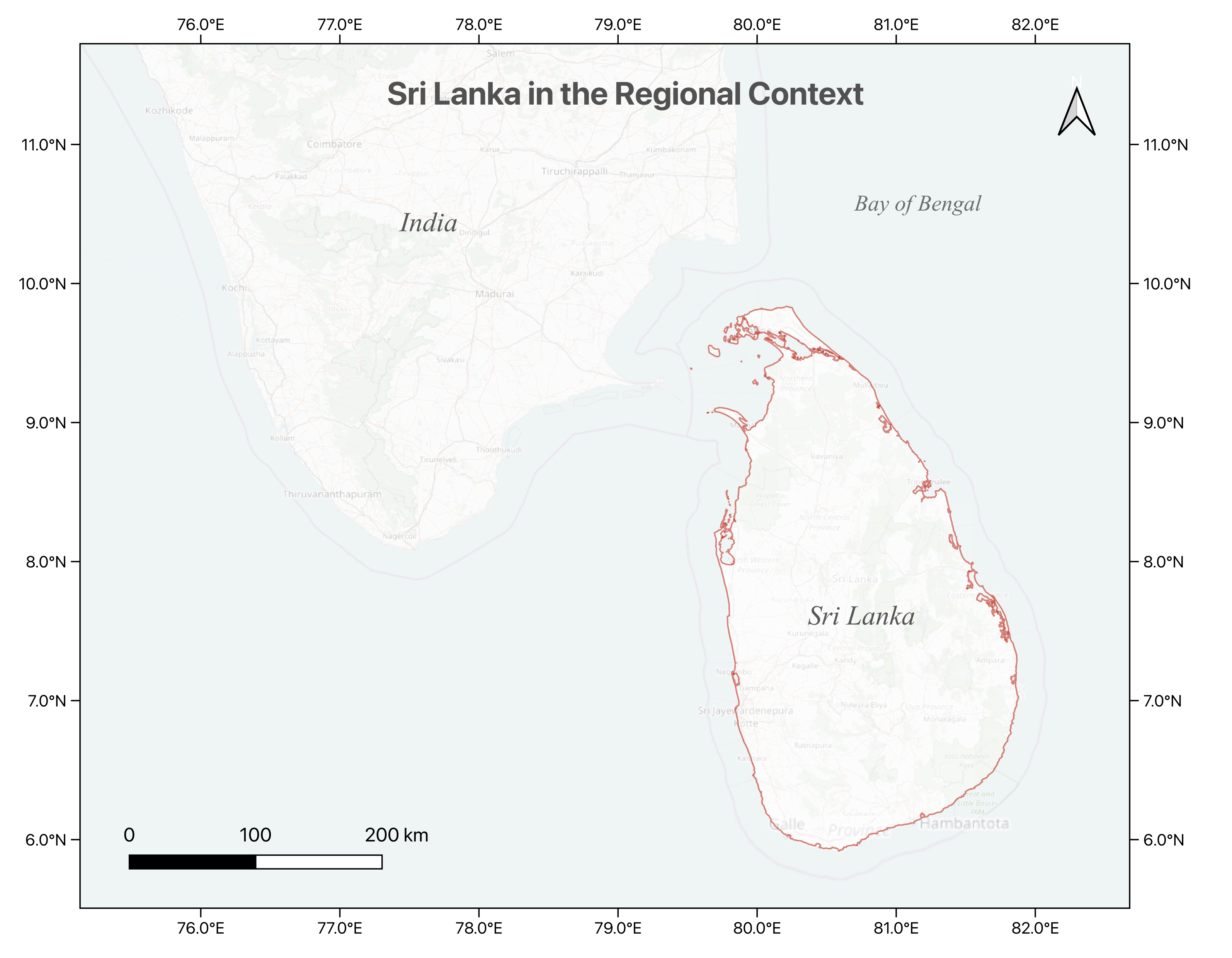 Map showing Sri Lanka in the regional context of southern India and the Bay of Bengal